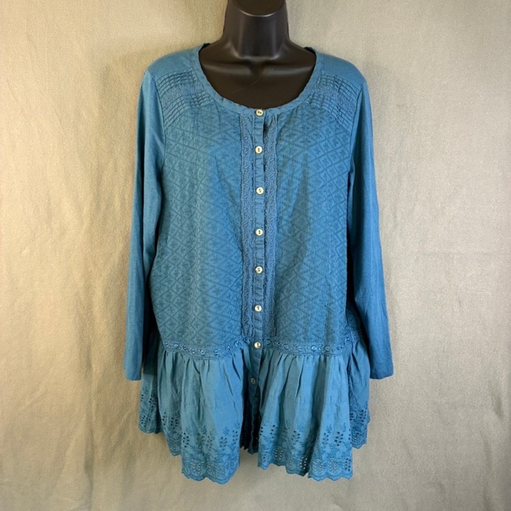 LOGO Lavish by Lori Goldstein Teal Blue Embroidered Eyelet Lace Tunic Top Large